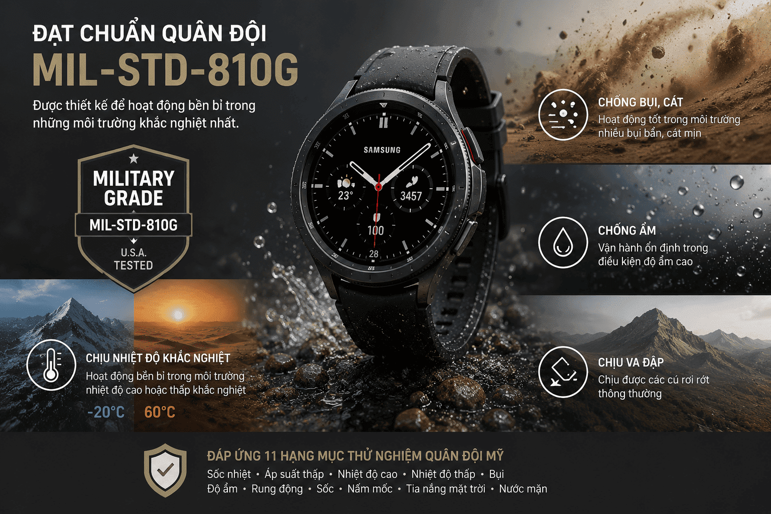 Chuẩn độ bền quân đội MIL-STD-810G giúp Samsung Galaxy Watch hoạt động bền bỉ trong nhiều điều kiện khắc nghiệt