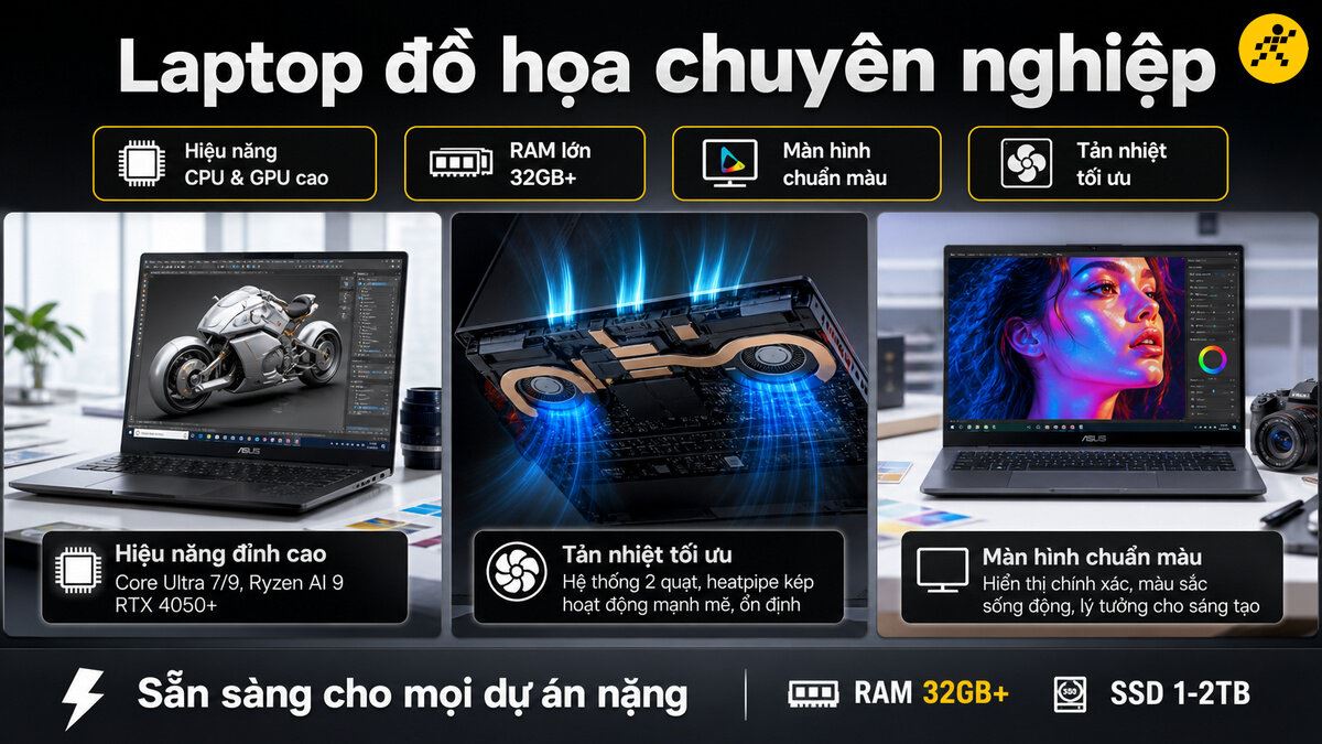 Laptop đồ họa chuyên nghiệp hiển thị các tính năng nổi bật như hiệu năng CPU & GPU cao, RAM lớn 32GB+, màn hình chuẩn màu và tản nhiệt tối ưu.