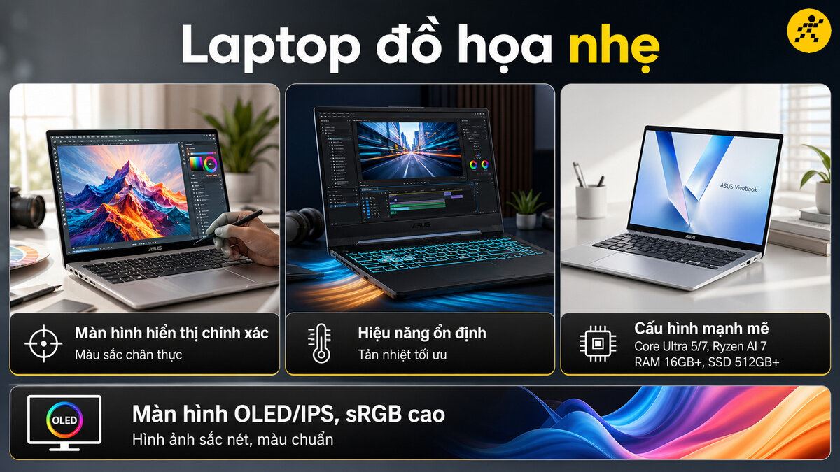 Ba mẫu laptop ASUS hiển thị các tác vụ đồ họa, chỉnh sửa video và thiết kế.
