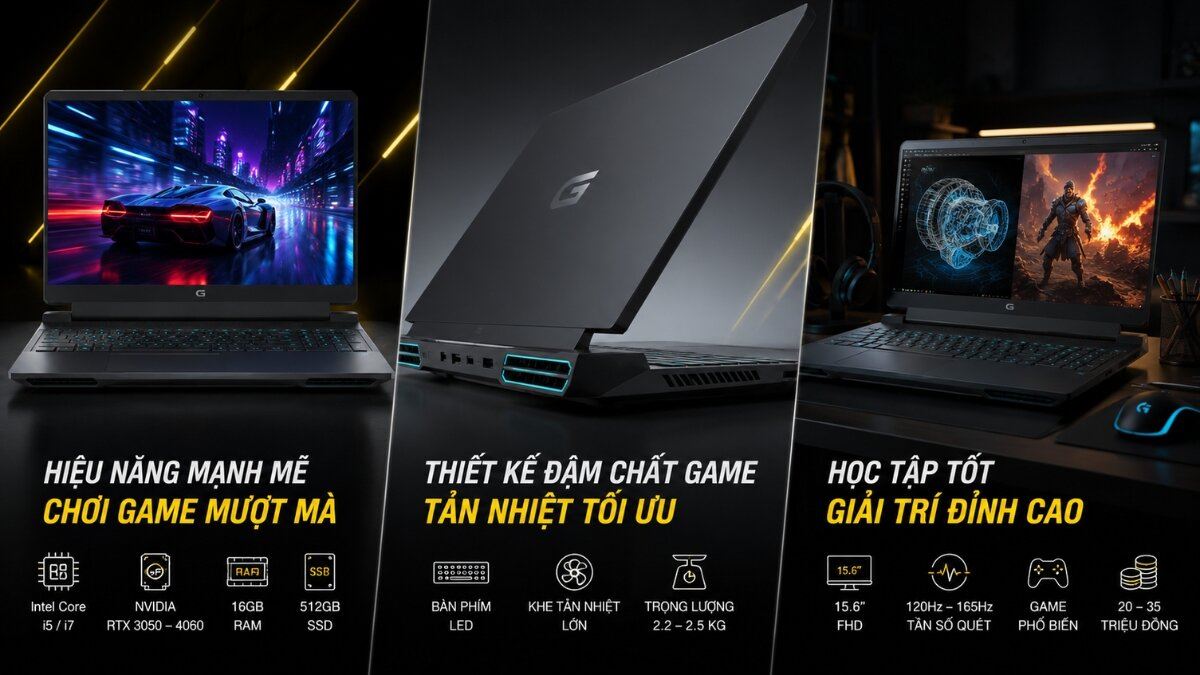 Laptop gaming Dell G-series: Sức mạnh và phong cách Laptop gaming Dell G-series màu đen với màn hình hiển thị game đua xe, thiết kế tản nhiệt hầm hố và bàn phím đèn LED, cùng khả năng xử lý đồ họa và chơi game mượt mà.