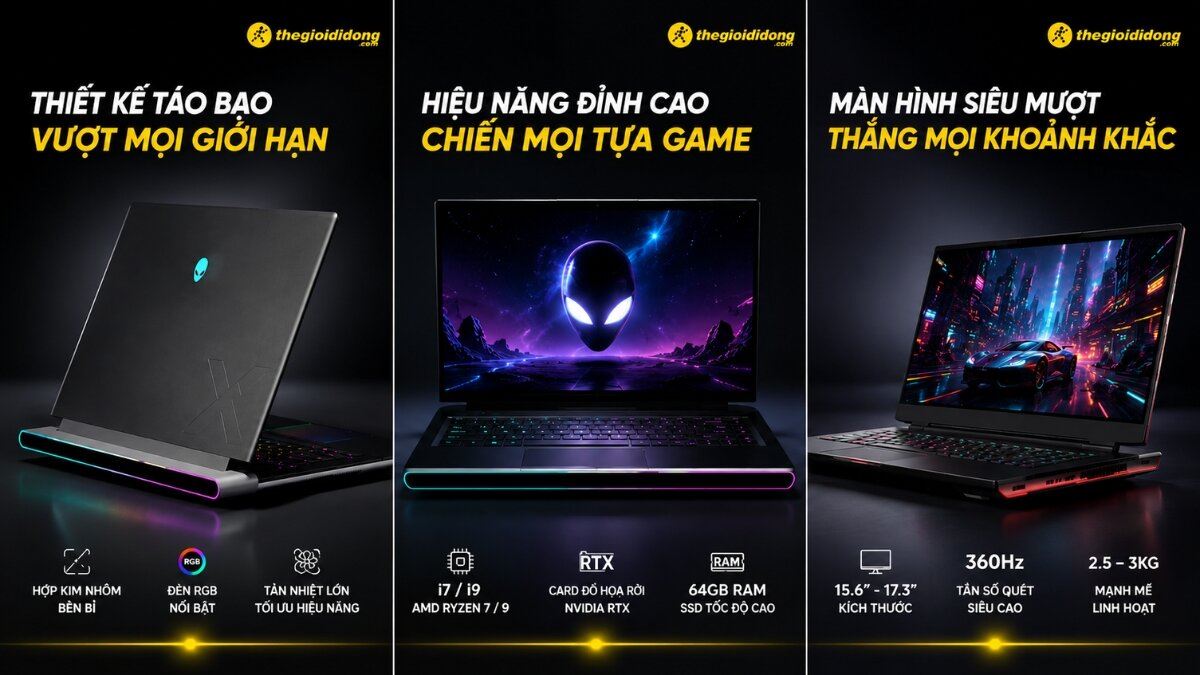 Laptop Dell Alienware - Thiết kế, hiệu năng và màn hình Laptop Dell Alienware gaming màu đen với thiết kế hầm hố, đường viền đèn RGB nổi bật, màn hình hiển thị logo Alienware và cảnh chơi game sôi động, cùng các thông số kỹ thuật được liệt kê.