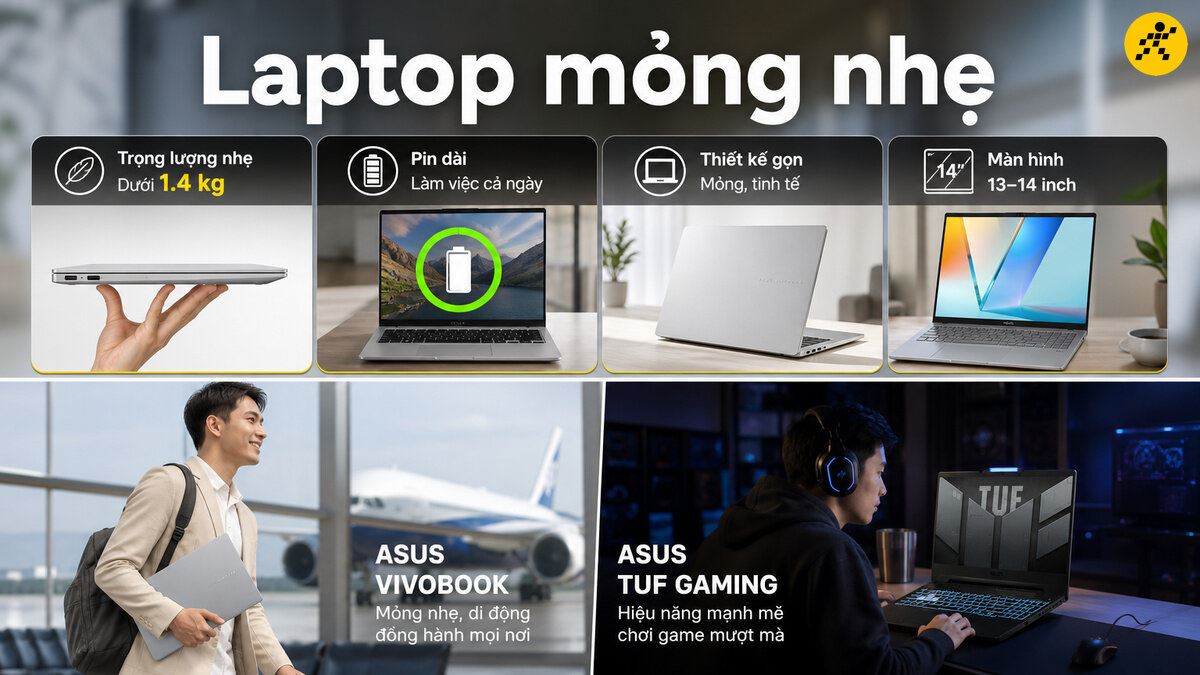 Laptop Asus mỏng nhẹ tính di động cao với trọng lượng nhẹ, pin dài, thiết kế gọn gàng và màn hình 14 inch.