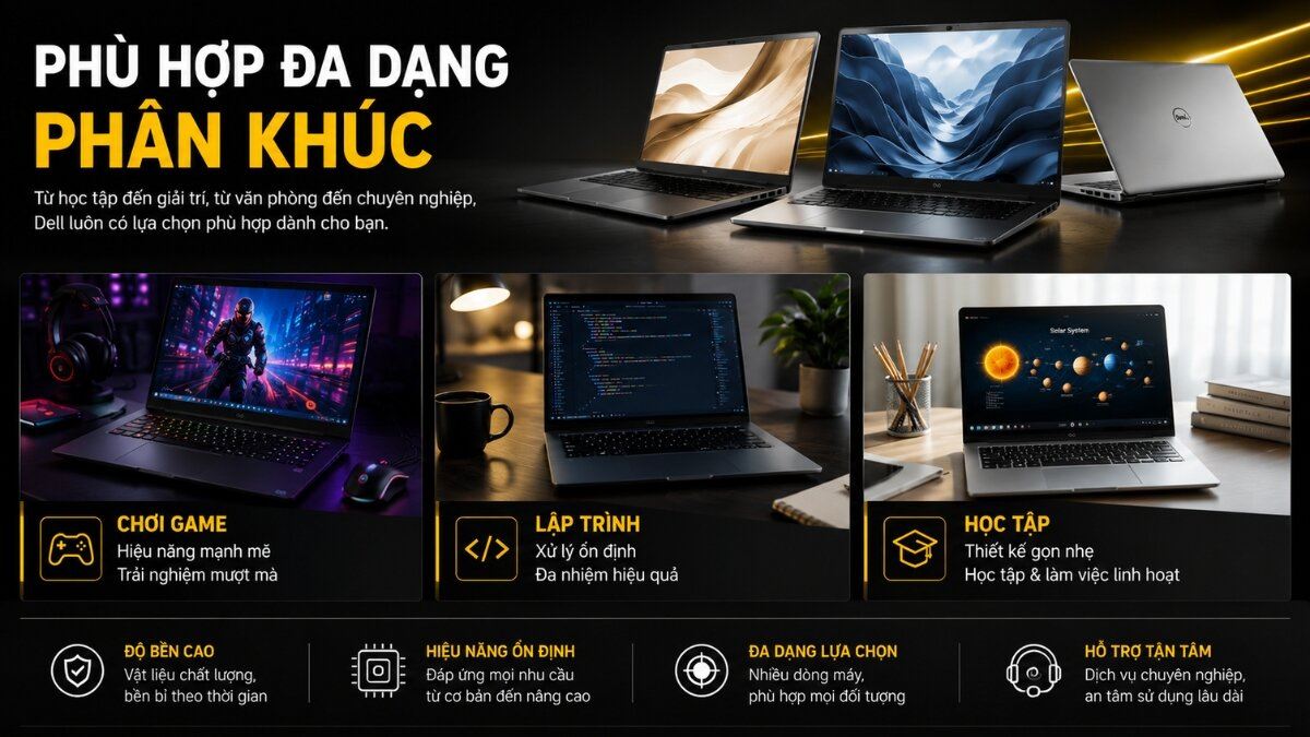 Laptop Dell đa dạng phân khúc người dùng Các mẫu laptop Dell khác nhau được sử dụng cho nhiều mục đích: chơi game, lập trình và học tập, nhấn mạnh sự phù hợp đa dạng phân khúc của sản phẩm.