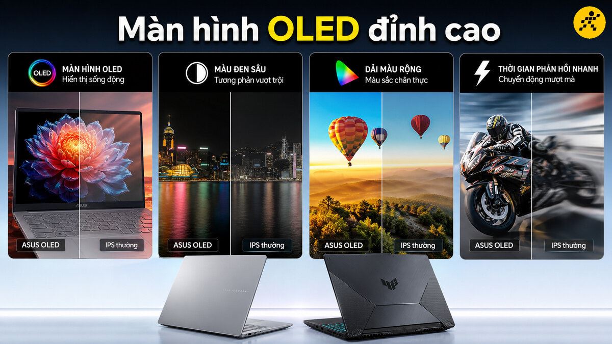 So sánh màn hình ASUS OLED với IPS thường về hiển thị màu sắc, độ tương phản và tốc độ phản hồi