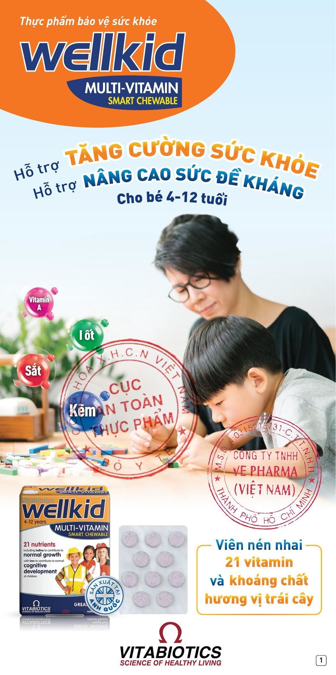 Viên Nhai Bổ Sung Multivitamins Vitabiotics Wellkid Multi-Vitamin Smart Chewable hộp 30 viên