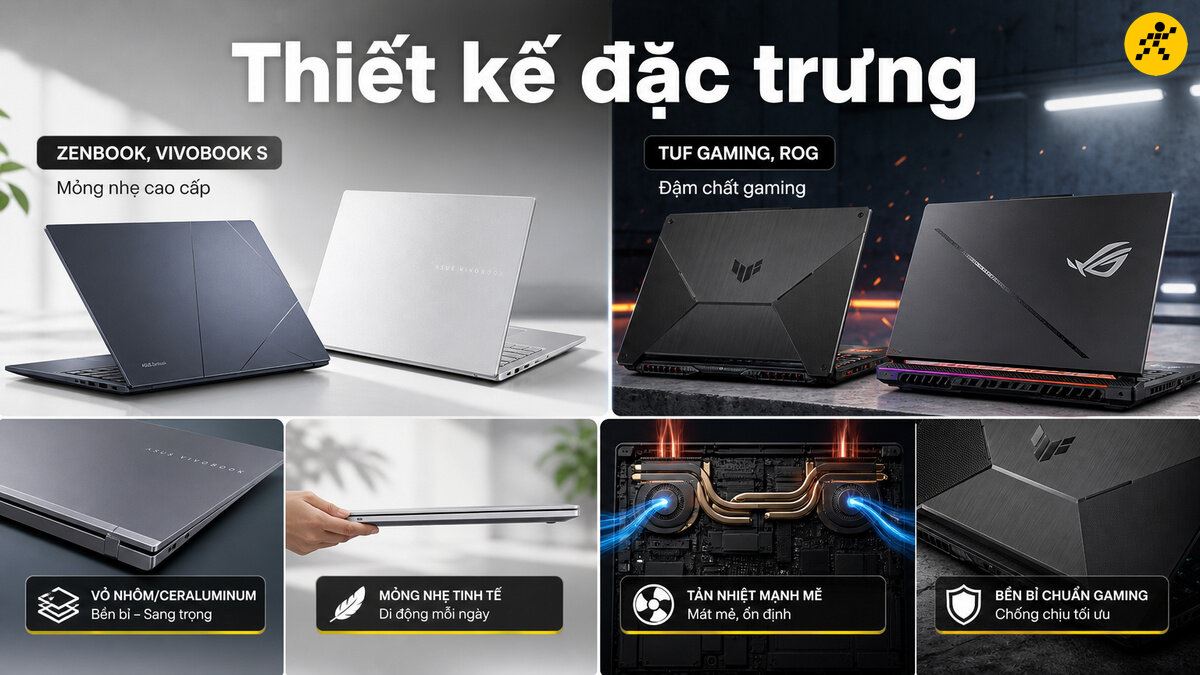 So sánh thiết kế của laptop ASUS Zenbook, Vivobook S mỏng nhẹ cao cấp và laptop ASUS TUF Gaming, ROG đậm chất gaming.