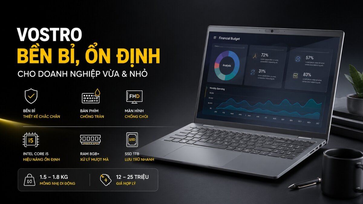 Laptop Dell Vostro bền bỉ cho doanh nghiệp Laptop Dell Vostro màu xám bạc hiển thị màn hình tài chính và thông tin quảng cáo các tính năng nổi bật như độ bền, bàn phím chống tràn, màn hình chống chói, cấu hình Intel Core i5, RAM 8GB+, SSD 1TB.