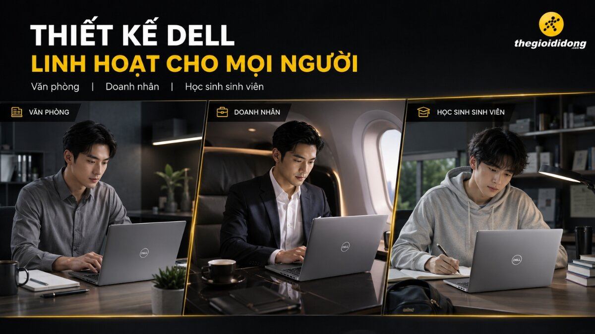 Ba người dùng khác nhau đang sử dụng laptop Dell, thể hiện sự linh hoạt của sản phẩm cho môi trường văn phòng, doanh nhân và học sinh sinh viên
