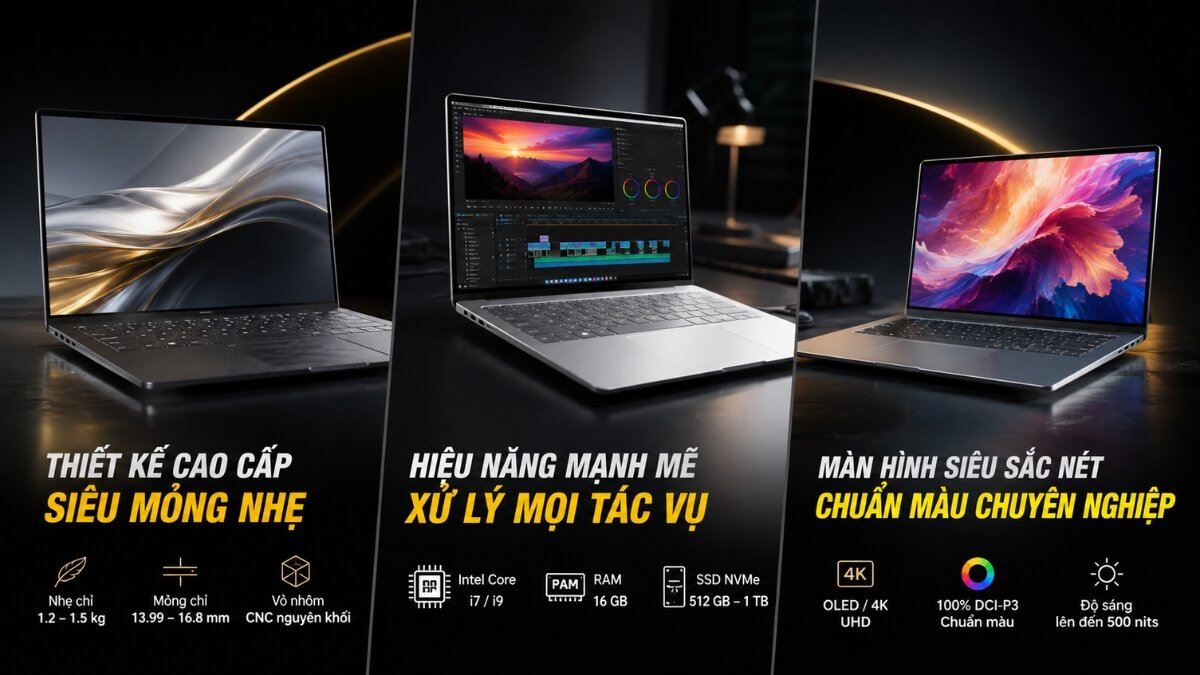 Laptop cao cấp: Thiết kế, hiệu năng, màn hình Ba chiếc laptop màu bạc đặt cạnh nhau trên nền đen, minh họa các tính năng nổi bật về thiết kế siêu mỏng nhẹ, hiệu năng mạnh mẽ với chip Intel Core i7/i9, RAM 16GB, SSD NVMe 512GB-1TB, và màn hình siêu sắc nét 4K OLED/UHD với độ phủ màu 100% DCI-P3, độ sáng trên 500 nits.