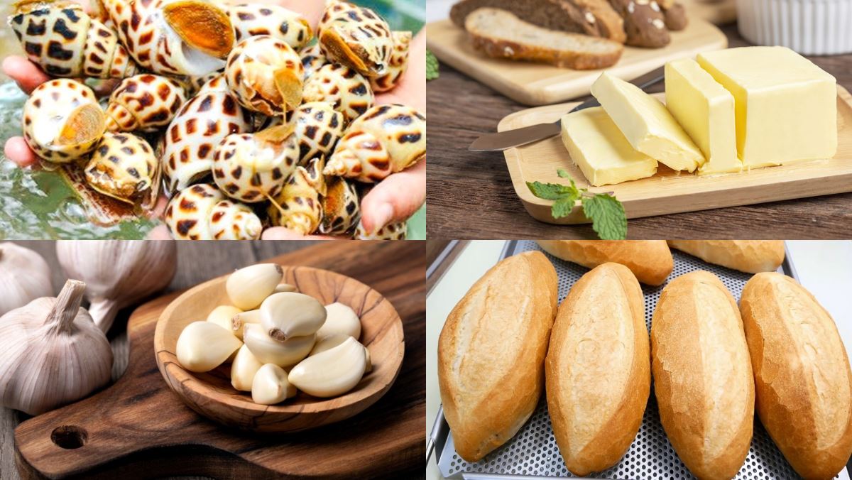 Nguyên liệu món ăn ốc hương xào bơ tỏi chấm bánh mì
