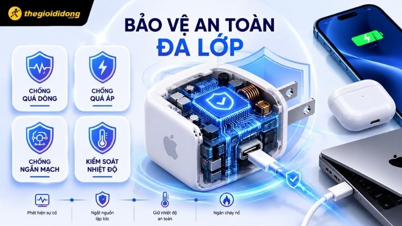 Hệ thống chip kiểm soát nhiệt độ và bảo vệ đa lớp an toàn tích hợp trong củ sạc Apple