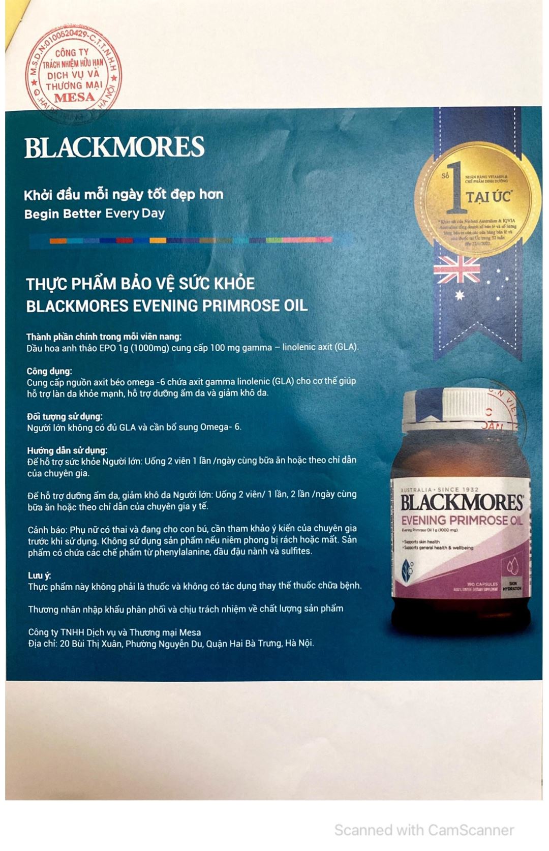 Blackmores Evening Primrose Oil lọ 190 viên