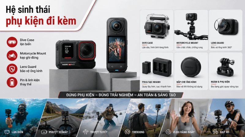 Một chiếc máy quay hành động sẽ không thể phát huy hết sức mạnh nếu thiếu đi các món đồ chơi phụ kiện hỗ trợ xung quanh