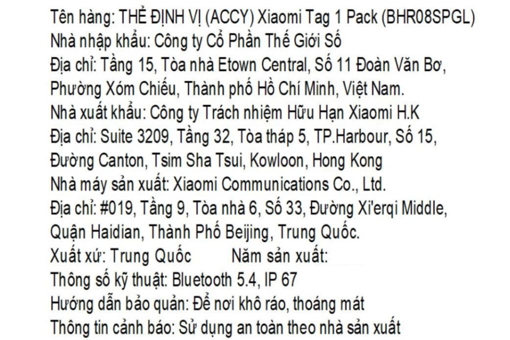 Thiết bị định vị thông minh Xiaomi Tag Dual 1 Pack BHR08SPGL Màu Trắng