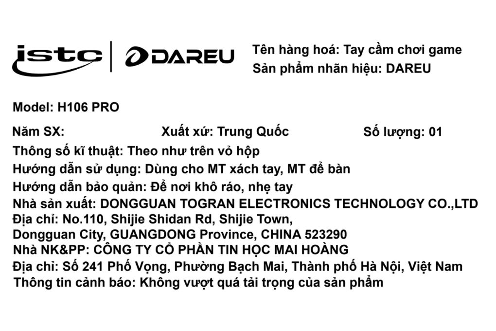 Tay cầm chơi game Dareu Đen H106 Pro Màu Đen