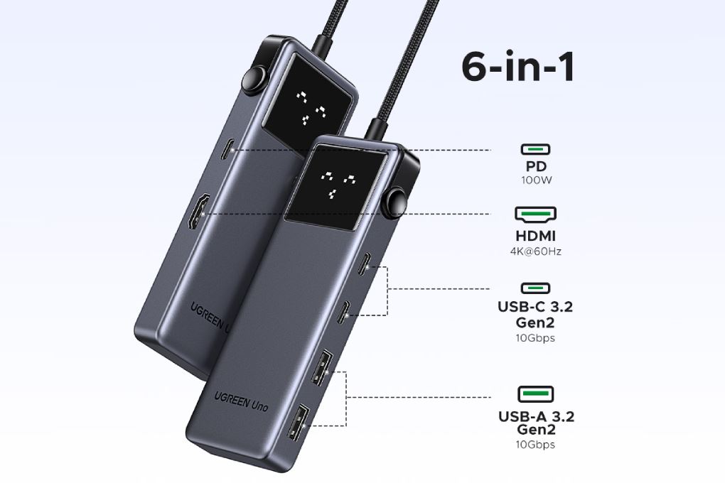 Adapter chuyển đổi Type C PD 6 in 1 Ugreen Uno CM888 35998 Màu Xám