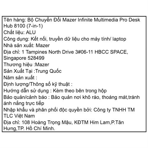 Hub chuyển đổi Type-C 7 in 1 Mazer M-UC2MULTI8100-BK Màu Đen