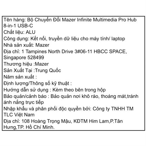 Hub chuyển đổi Type-C 8 in 1 Mazer M-UC2MULTI7007-BK Màu Đen