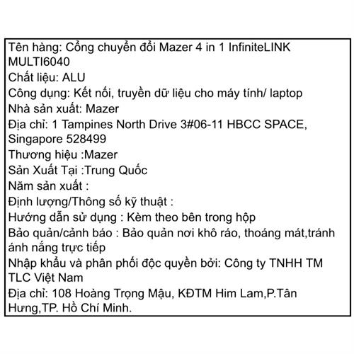 Hub chuyển đổi Type-C 4 in 1 Mazer M-UC2MULTI6040 Màu Đen