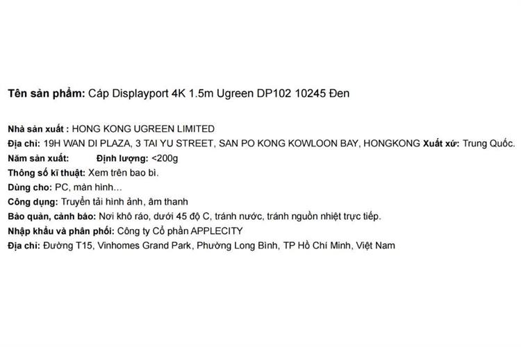 Cáp Displayport 4K 1.5m Ugreen DP102 10245 Màu Đen