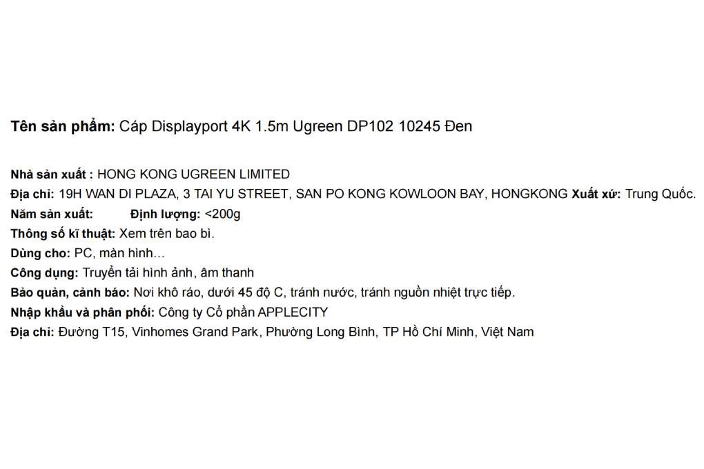 Cáp Displayport 4K 1.5m Ugreen DP102 10245 Màu Đen
