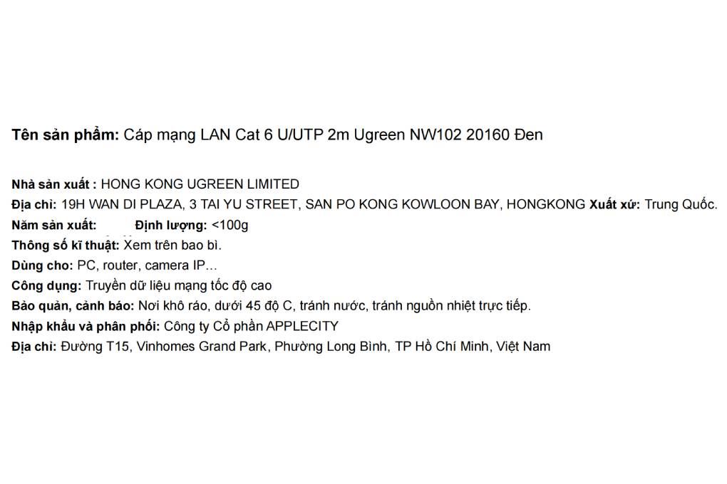 Cáp mạng LAN Cat 6 U/UTP 2m Ugreen NW102 20160 Màu Đen