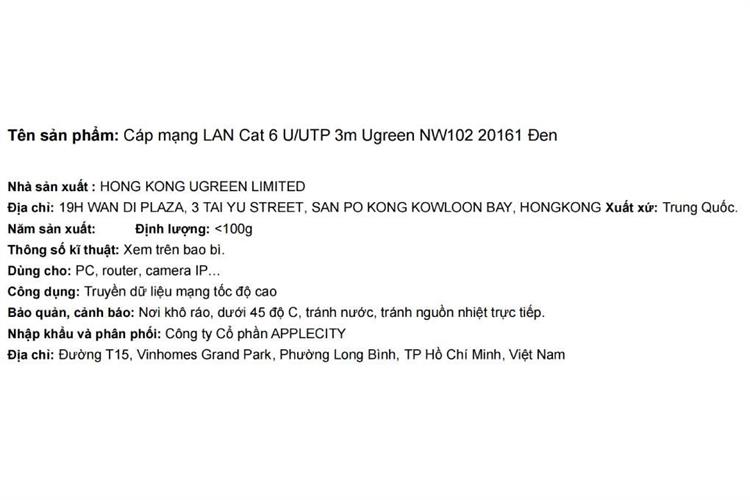 Cáp mạng LAN Cat 6 U/UTP 3m Ugreen NW102 20161 Màu Đen