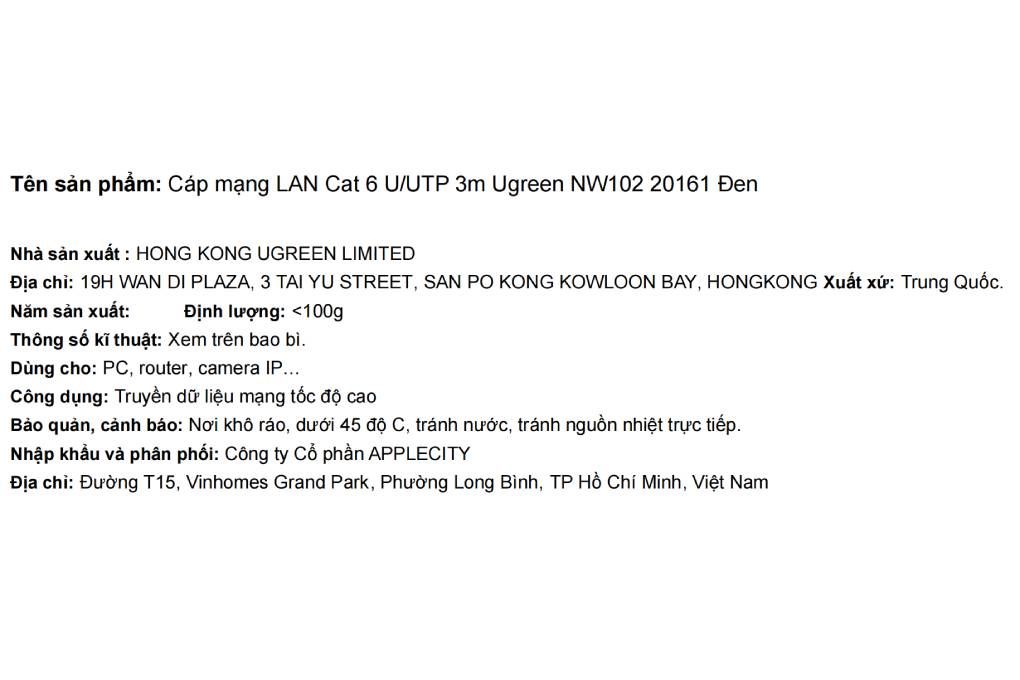 Cáp mạng LAN Cat 6 U/UTP 3m Ugreen NW102 20161 Màu Đen
