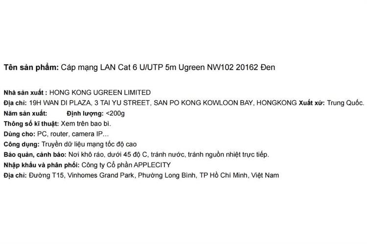 Cáp mạng LAN Cat 6 U/UTP 5m Ugreen NW102 20162 Màu Đen