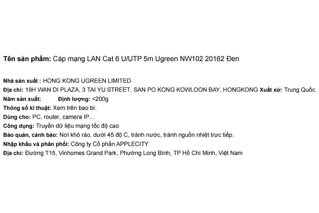 Cáp mạng LAN Cat 6 U/UTP 5m Ugreen NW102 20162 Màu Đen