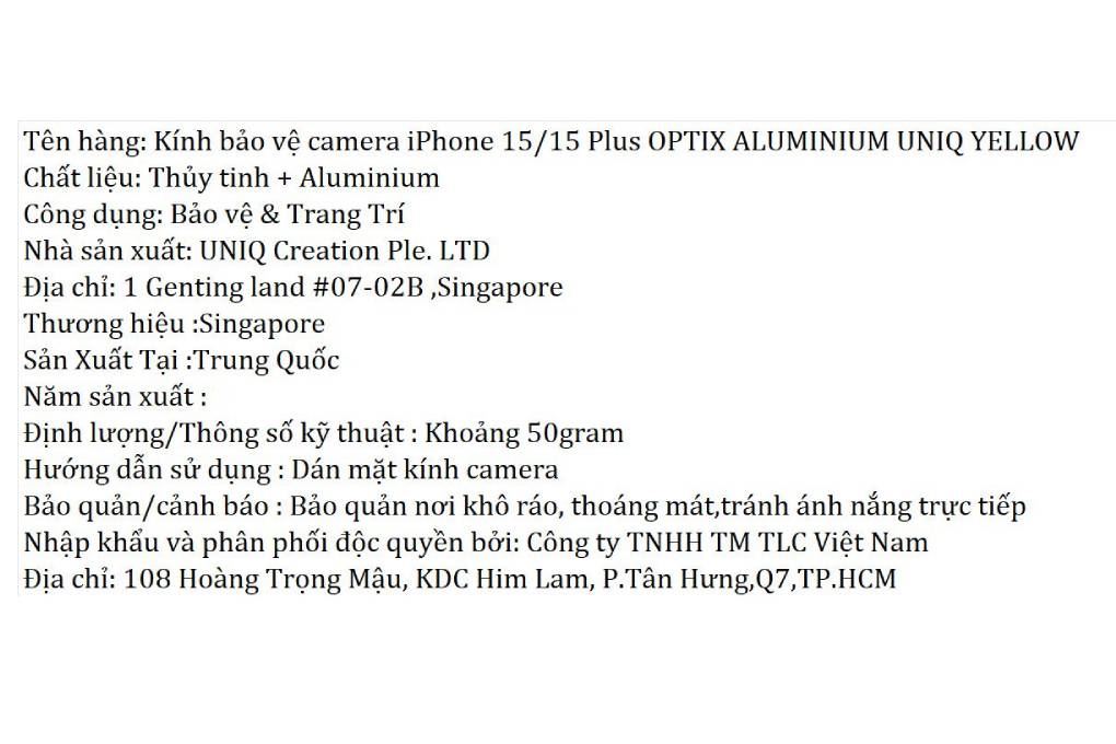 Miếng dán camera iPhone 15/15 Plus OPTIX ALUMINIUM UNIQ Màu Vàng
