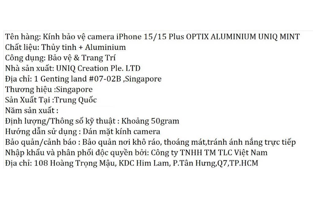 Miếng dán camera iPhone 15/15 Plus OPTIX ALUMINIUM UNIQ Màu Xanh mint