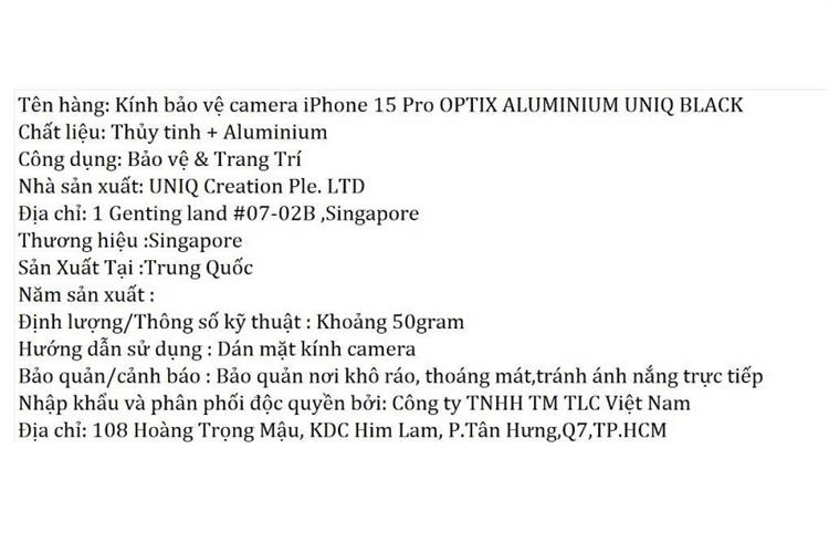 Miếng dán camera iPhone 15 Pro OPTIX ALUMINIUM UNIQ Màu Đen
