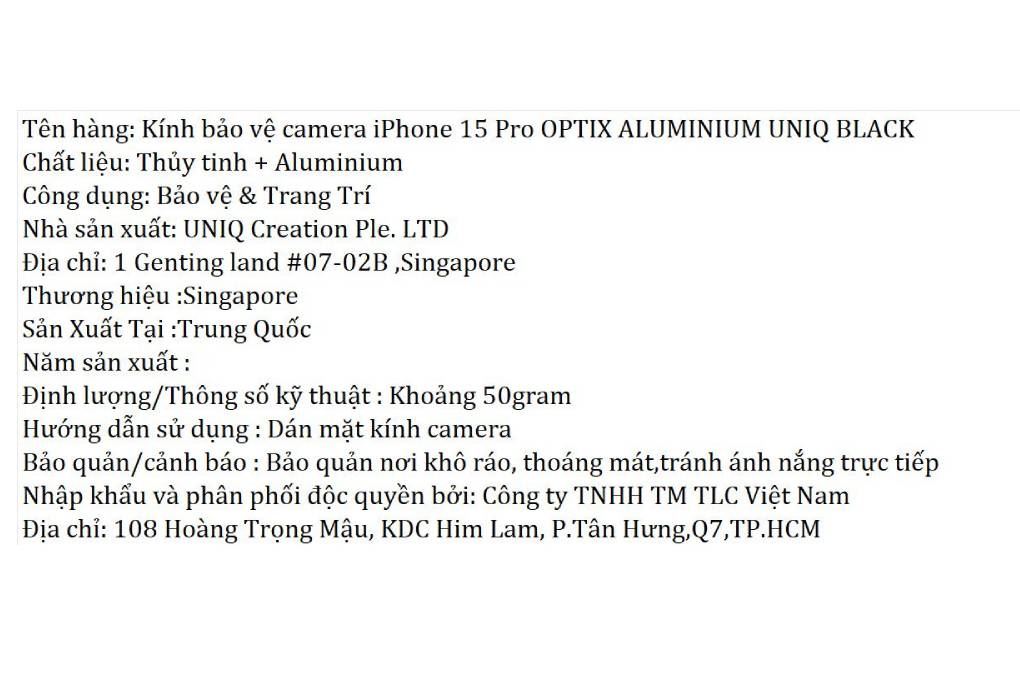 Miếng dán camera iPhone 15 Pro OPTIX ALUMINIUM UNIQ Màu Đen