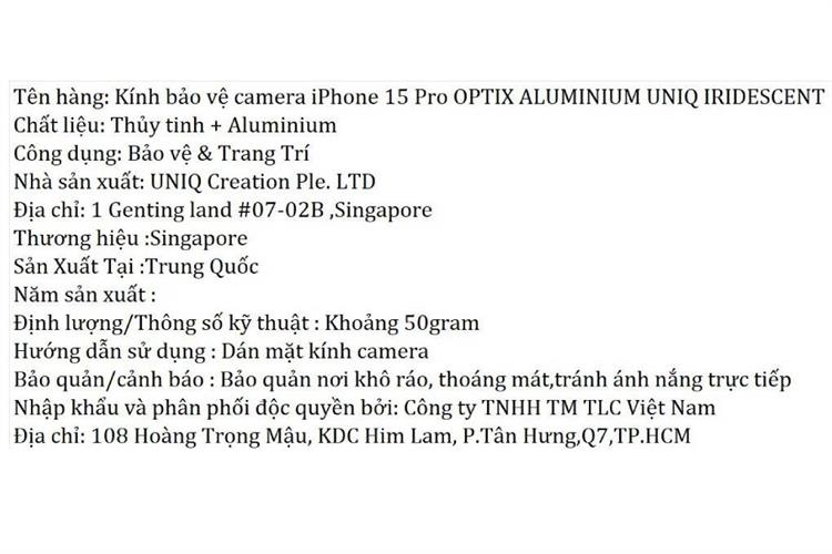 Miếng dán camera iPhone 15 Pro OPTIX ALUMINIUM UNIQ Màu Màu kết hợp