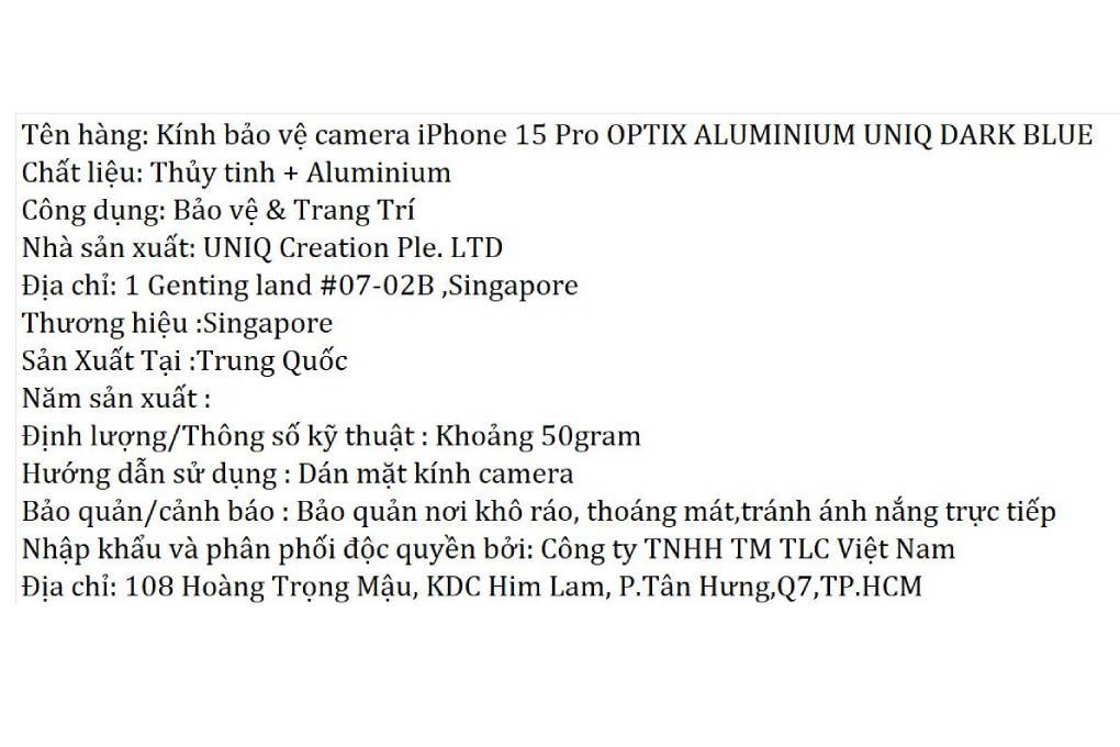 Miếng dán camera iPhone 15 Pro OPTIX ALUMINIUM UNIQ Màu Xanh đen