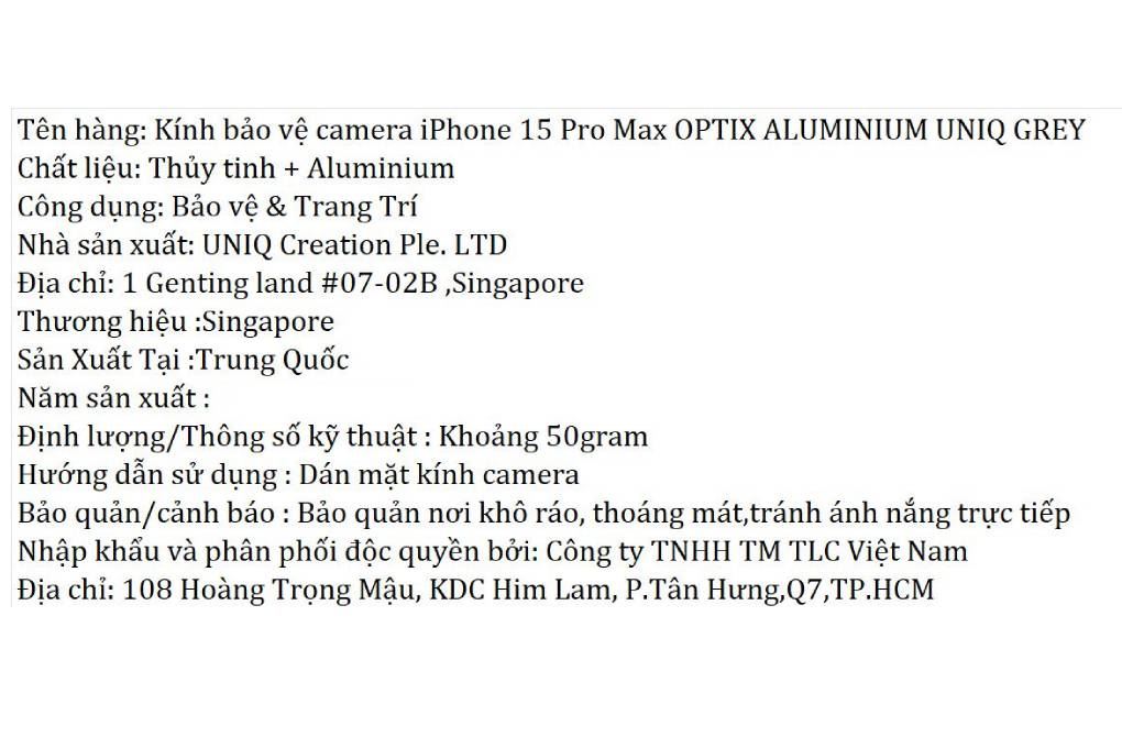 Miếng dán camera iPhone 15 Pro Max OPTIX ALUMINIUM UNIQ Màu Xám