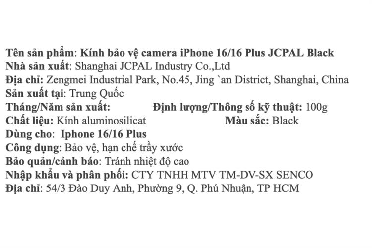 Miếng dán camera iPhone 16/16 Plus OPTIX JCPAL Màu Đen