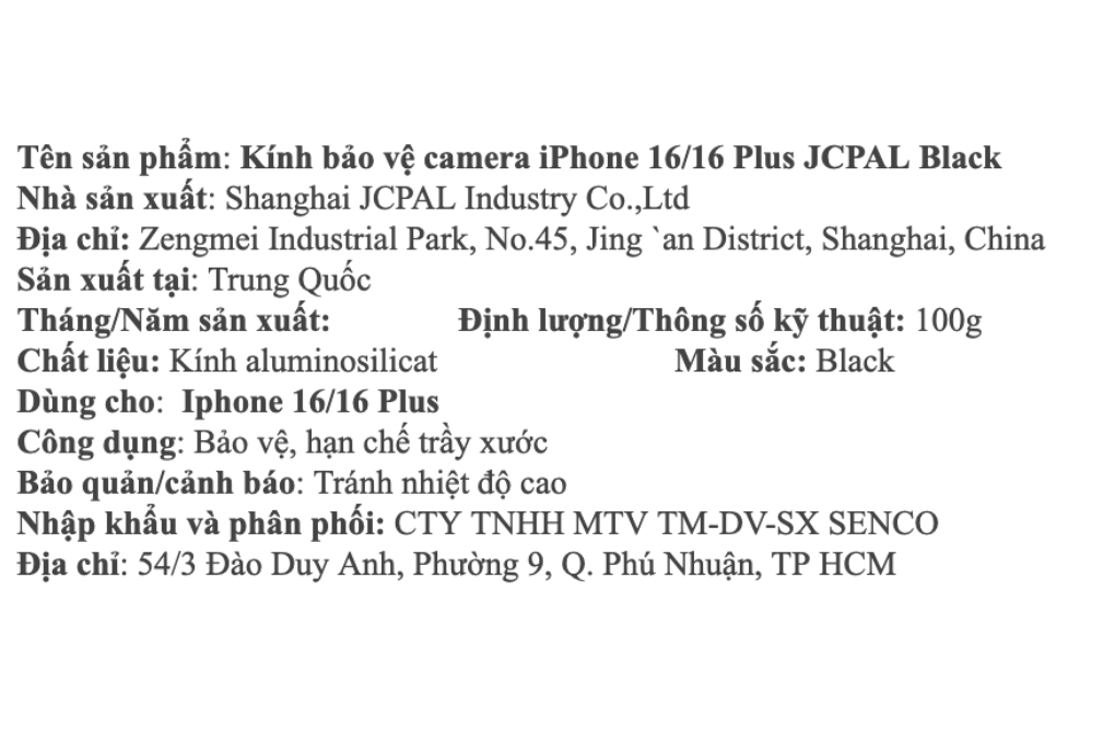 Miếng dán camera iPhone 16/16 Plus OPTIX JCPAL Màu Đen