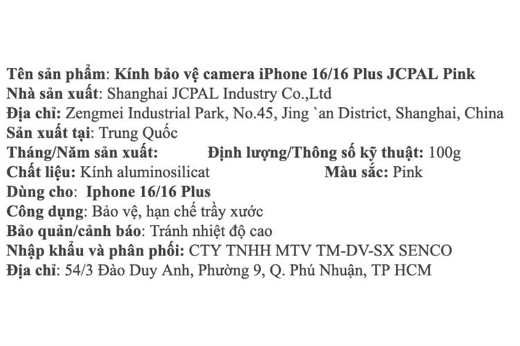 Miếng dán camera iPhone 16/16 Plus OPTIX JCPAL Màu Hồng