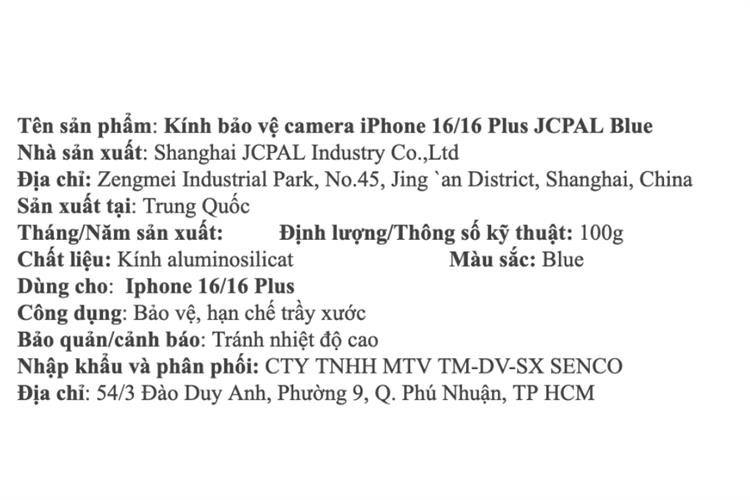 Miếng dán camera iPhone 16/16 Plus OPTIX JCPAL Màu Xanh Dương