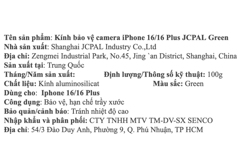 Miếng dán camera iPhone 16/16 Plus OPTIX JCPAL Màu Xanh lá