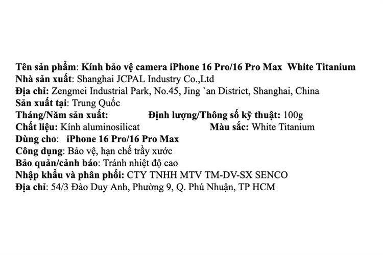 Miếng dán camera iPhone 16 Pro/16 Pro Max JCPAL Màu Trắng