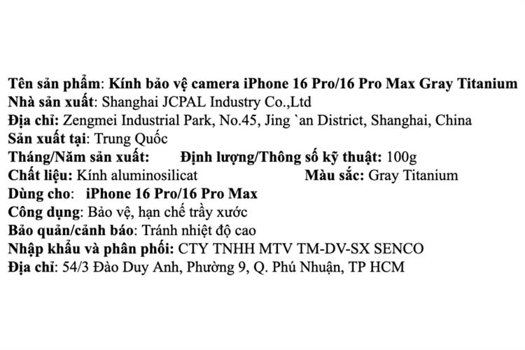 Miếng dán camera iPhone 16 Pro/16 Pro Max JCPAL Màu Xám