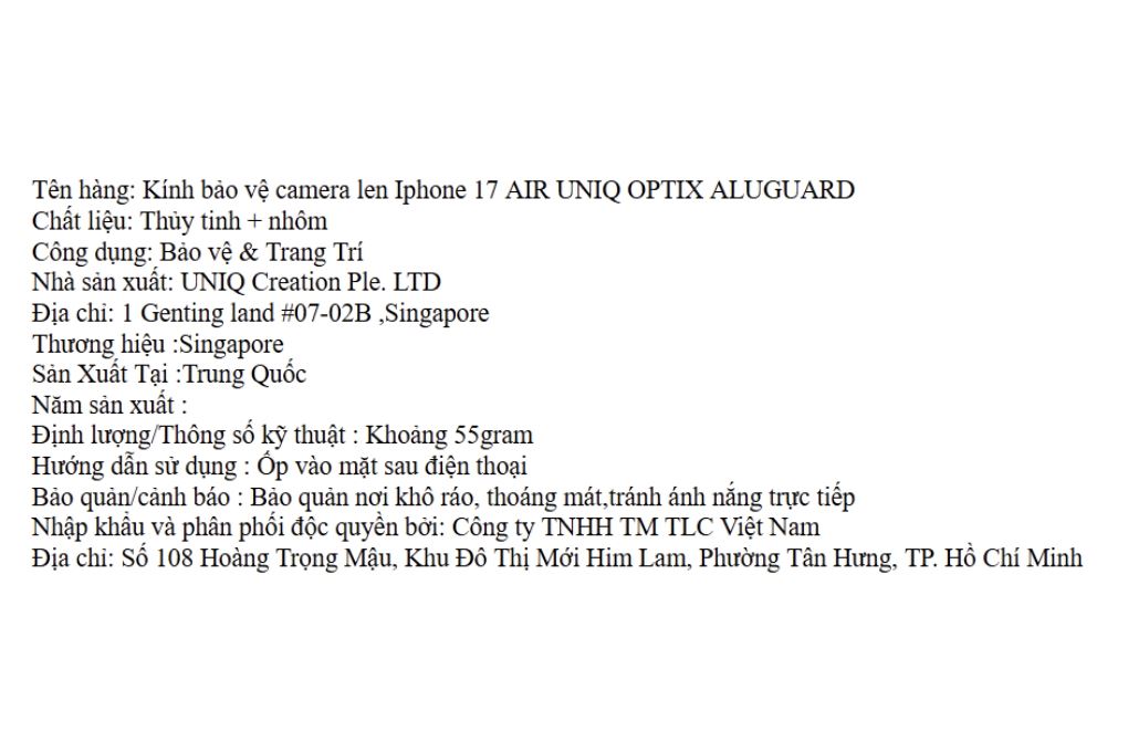 Miếng dán camera iPhone Air OPTIX Viền Nhôm Thủy Tinh UNIQ Màu Đen