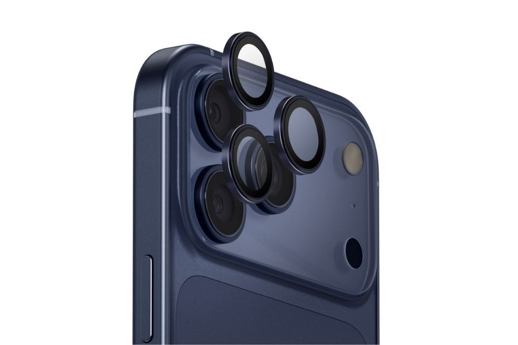 Miếng dán camera iPhone 17 Pro/iPhone 17 Pro Max OPTIX Viền Nhôm Thủy Tinh UNIQ Màu Xanh Navy