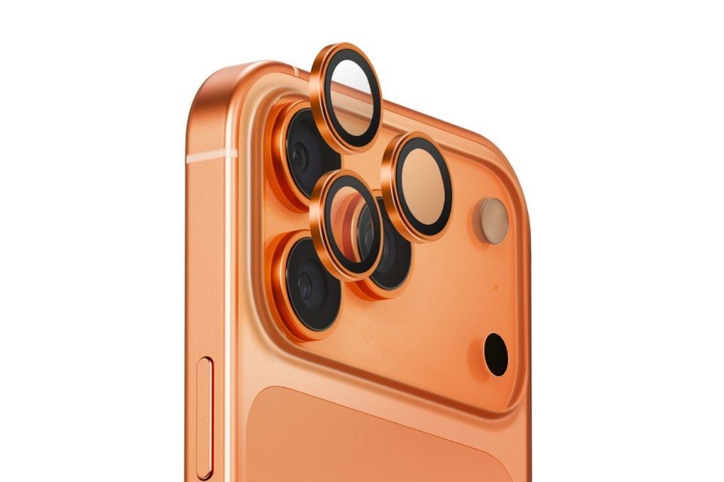 Miếng dán camera iPhone 17 Pro/iPhone 17 Pro Max OPTIX Viền Nhôm Thủy Tinh UNIQ Màu Cam