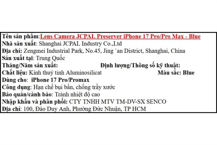 Miếng dán camera iPhone 17 Pro/iPhone 17 Pro Max Kính Thủy Tinh JCPAL Màu Xanh Dương