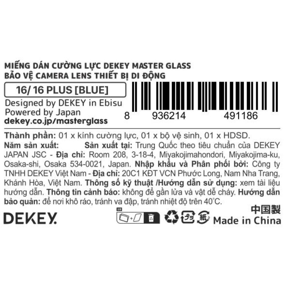 Miếng dán camera iPhone 16/16 Plus DEKEY 3D Camera Lens - Xanh dương Màu Xanh Dương