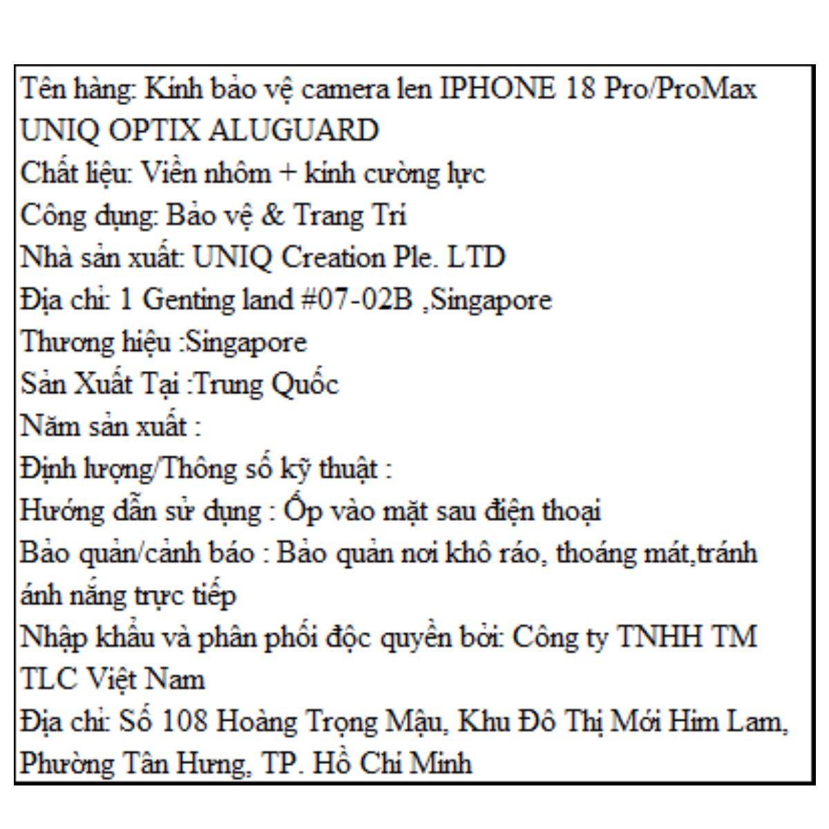 Miếng dán camera iPhone 18 Pro/iPhone 18 Pro Max OPTIX Viền Nhôm Kính Cường Lực UNIQ Màu Đen
